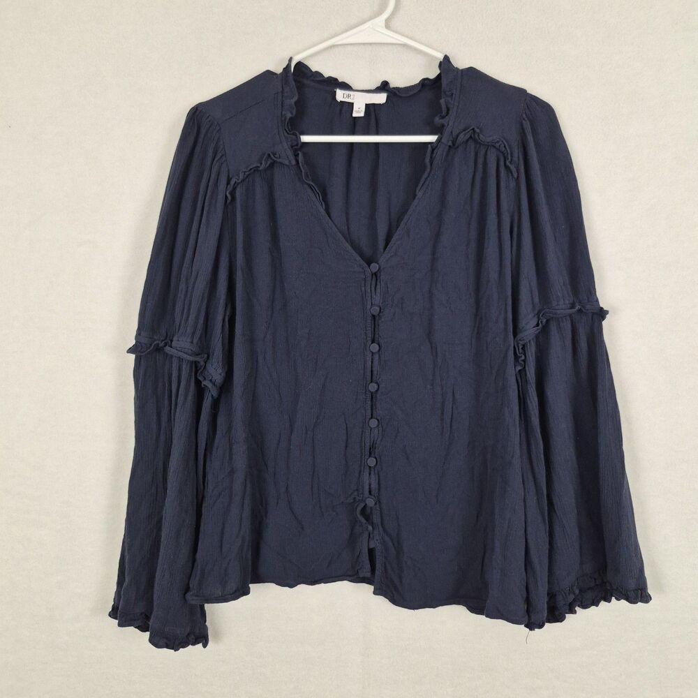DR2 Navy Blue Long Sleeve Peasant Blouse Medium Cottage Puff Sleeves Ruffled